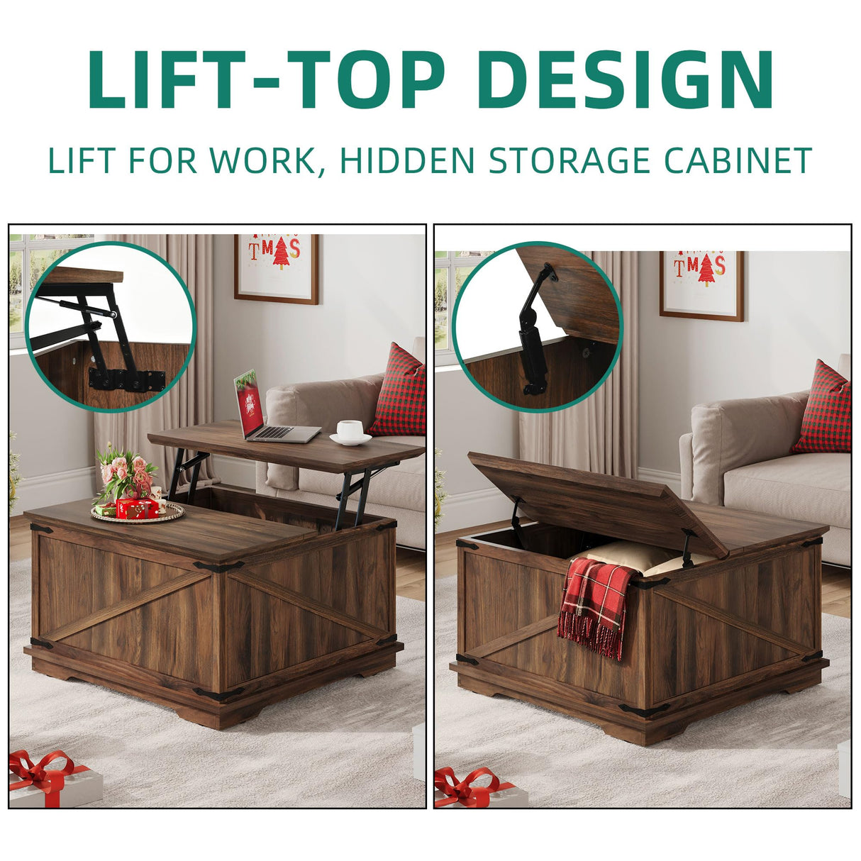 YITAHOME Farmhouse Lift Top Coffee Table for Living Room, Square Wood Coffee Table with Large Hidden Storage Compartment, Rustic Cocktail Table with Hinged Lift Top for Home Office, Reclaimed Barnwood YITAHOME