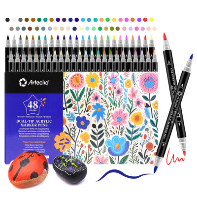 Artecho Acrylic Paint Pens 48 Colors, Dual Tip Acrylic Paint Markers with Brush Tip and Fine Tip for Rock Painting, Glass, Paper, Wood, Egg, Canvas, Ceramic, Fabric, leather, DIY Crafts