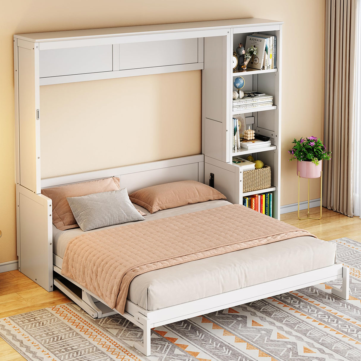Merax Space Saving Murphy Bed with Desk, Fold into The Wall, Pine Wood Murphy Bed Frame Queen Size with Storage Shelves for Multipurpose Guest Room, Home Office, No Box Spring Needed, White Merax