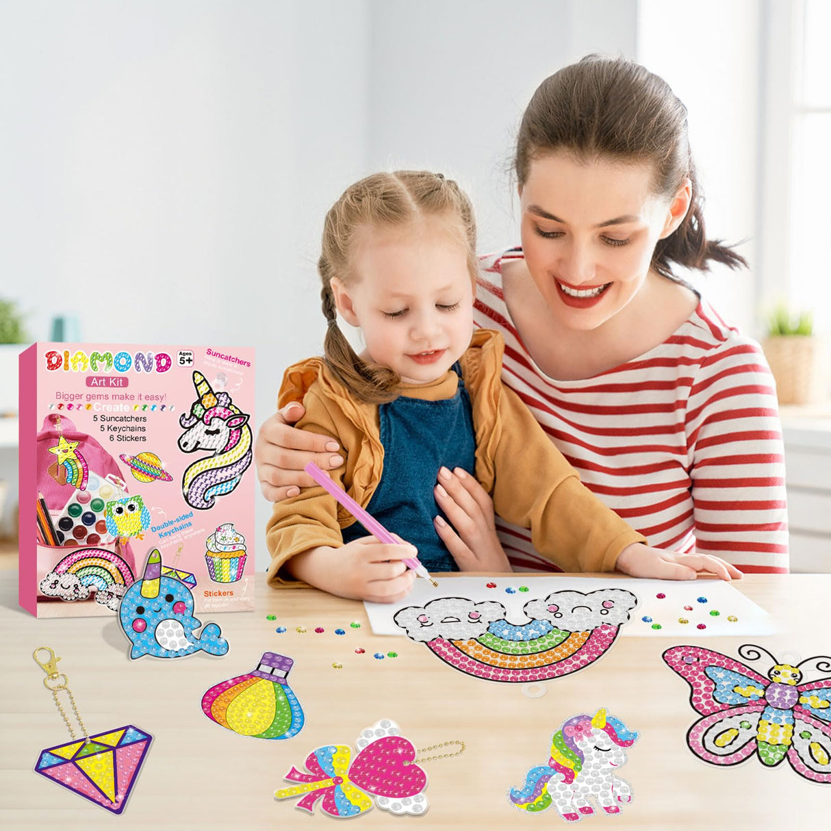 BANBBUR 16 Pcs Gem Art for Kids Age 4-8 8-12,Kids Crafts 5D Gem Diamond Art Kit with 5 Suncatchers/5 Keychains/6 Magical Stickers,Painting Art Crafts for Christmas BANBBUR