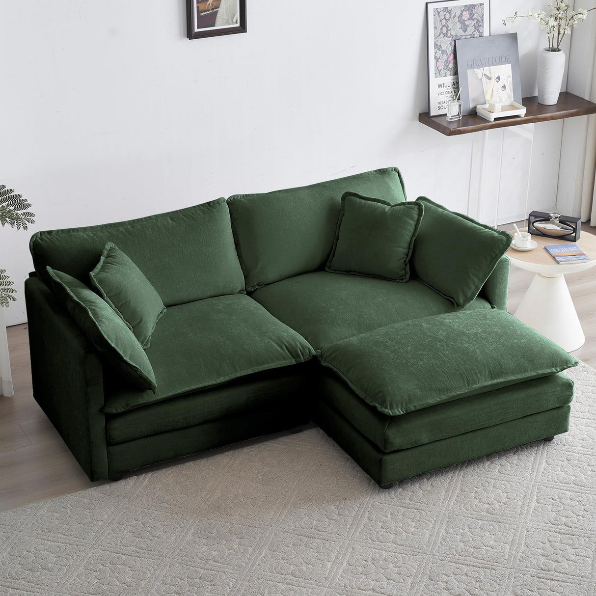 GNIXUU Deep Seat Sectional Sofa Cloud Couch with Ottoman, 76.7" Modern Chenille Comfy Upholstered Modular Sofa L Shaped Couch for Living Room, Apartment, Studio, Office(Green). GNIXUU