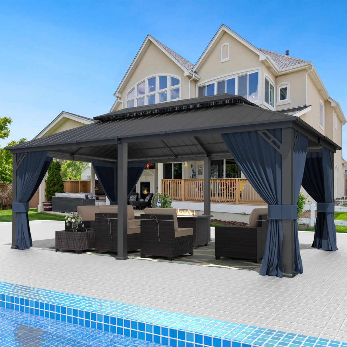 Gotland 2024 New 12' x 20' Hardtop Gazebo, Outdoor Iron Metal Double Roof Pergola with Curtains and Netting for Patio, Garden, Lawn, Navy Gotland