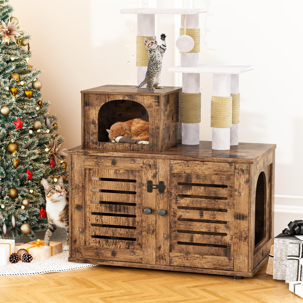 Recaceik Cat Litter Box Enclosure with Cat Tree, Hidden Cat Washroom Furniture with Divider, Wooden Cat House with Platform, Scratching Post and Soft Plush Perch, Indoor Pet Cabinet,Rustic Brown Recaceik