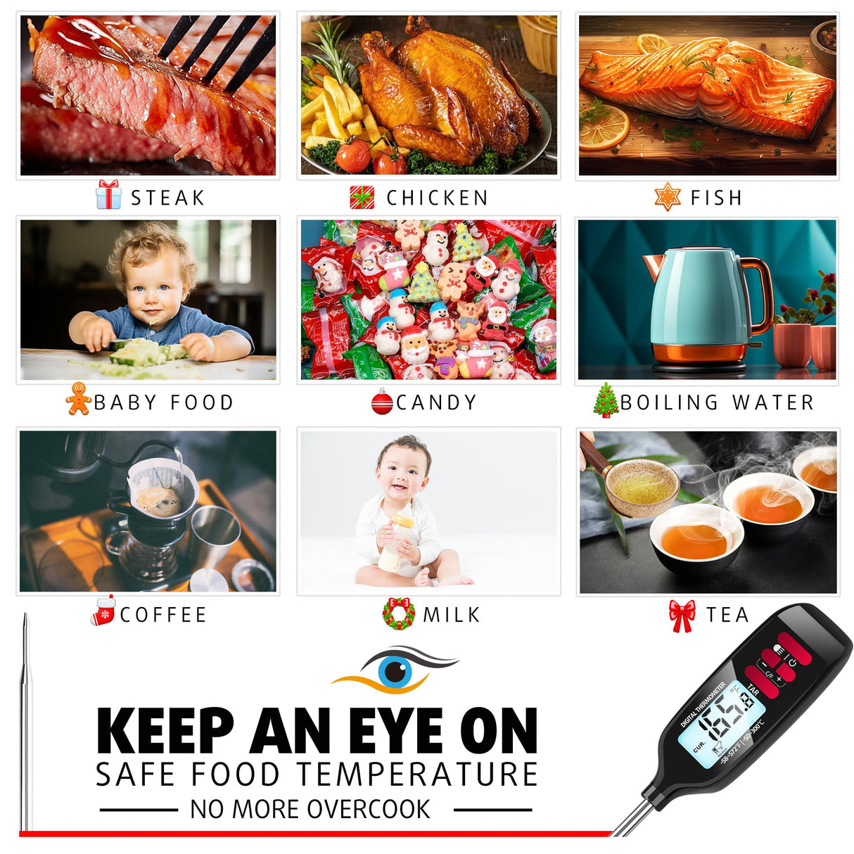 Antonki Digital Meat Thermometer with Backlight, Long Food Temperature Probe Instant Read Food Thermometer for Cooking and Baking, Kitchen, Candy, Grill, BBQ, Oil - Battery Included Antonki