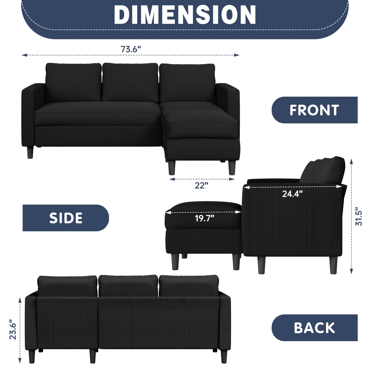 Shintenchi Small Sectional Sofa Couch, 3 Seat L Shaped Couches with Ottoman, Upholstered Corduroy Convertible Sofa, Small Couch for Apartments, Living Room and Office (Black) Shintenchi