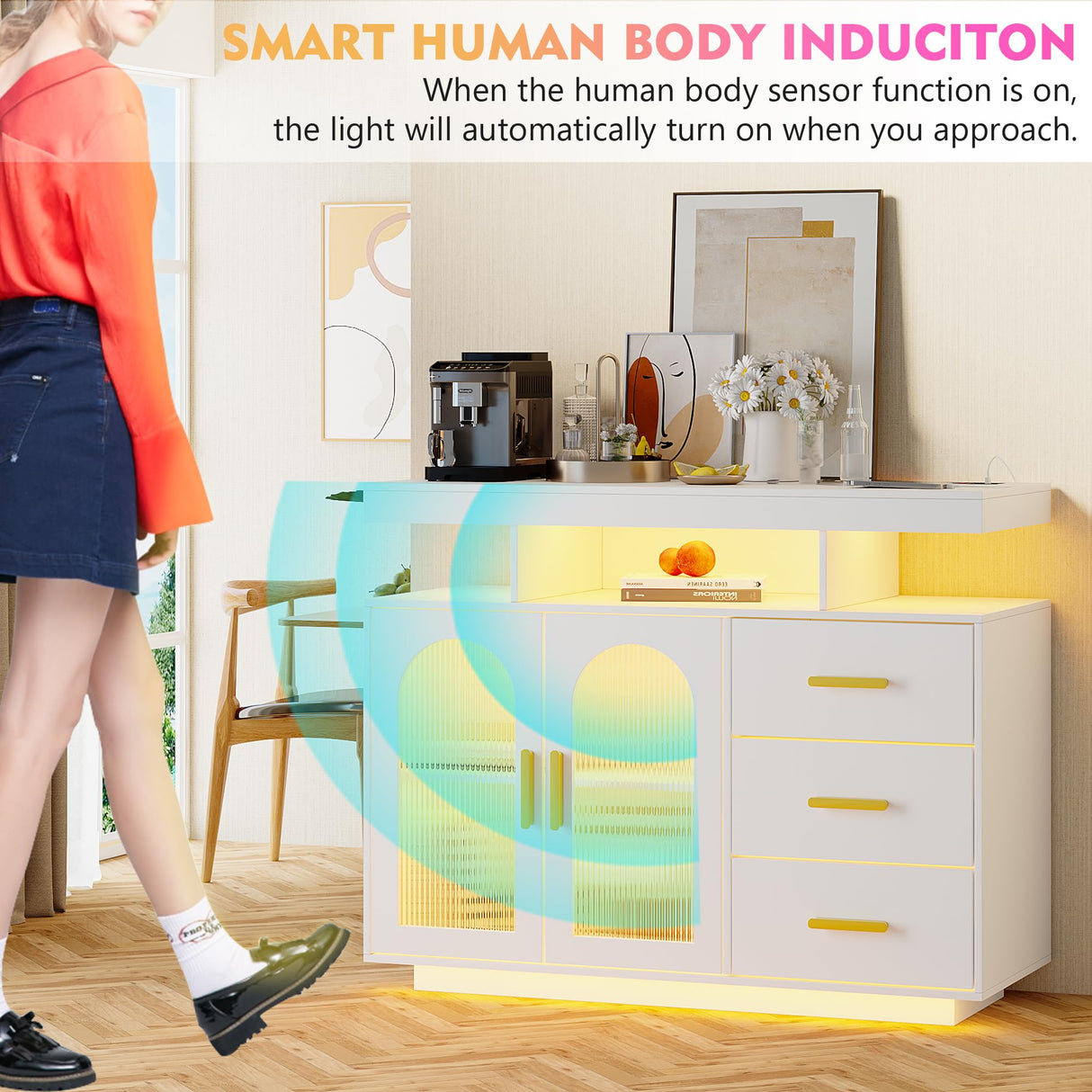 JDPAG Sideboard Buffet Cabinet with Wireless Charging Station 40", LED Side Board with 24 RGB Dimmable Lights, Coffee Bar Cabinet with 3 Drawers Storage for Kitchen, Living Room JDPAG