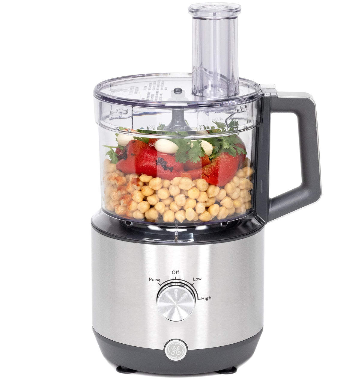 GE Food Processor |12 Cup | Complete with 3 Feeding Tubes & Stainless Steel Accessories-3 Discs + Dough Blade | 3 Speed | for Shredded Cheese, Chicken & More | Kitchen Essentials | 550 Watts GE