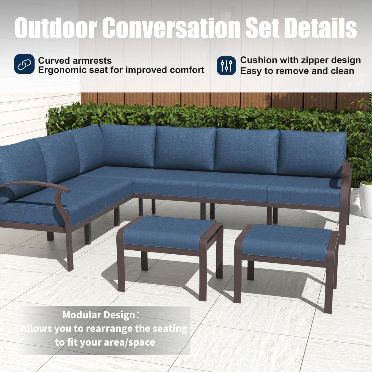 Kurapika Patio Furniture Set 8-Piece Aluminum Sectional Sofa with Armrest, Modern Outdoor Conversation Set, Metal Corner Sofa with Ottoman, Navy Blue Kurapika