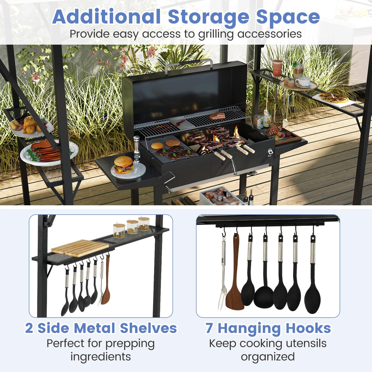 Tangkula 13x5 Ft Grill Gazebo with Dual Side Awnings, 2-Tier Barbecue Gazebo with 2 Shelves, 7 Hooks, Adjustable Shadow, Outdoor Grill Canopy for Backyard Garden Poolside (Grey) Tangkula