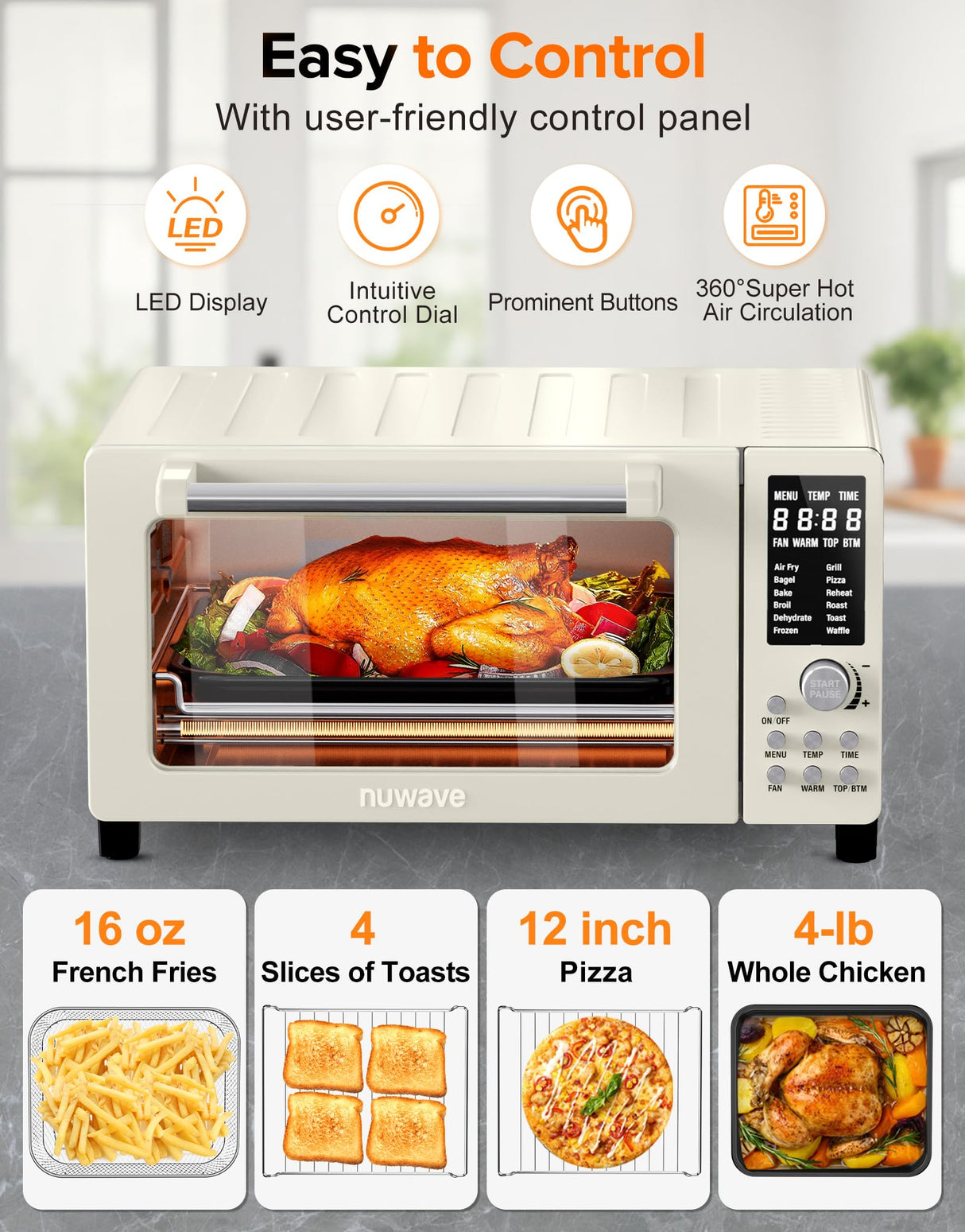 Nuwave Bravo Pro Smart Air Fryer Toaster Oven Combo, Airfryer Convection Oven Countertop, 12-in-1 Functions with Quicker & Even Crisp Technology, 1800W, 50-450°F, PFAS-Free, 21QT, Vanilla Cream Nuwave