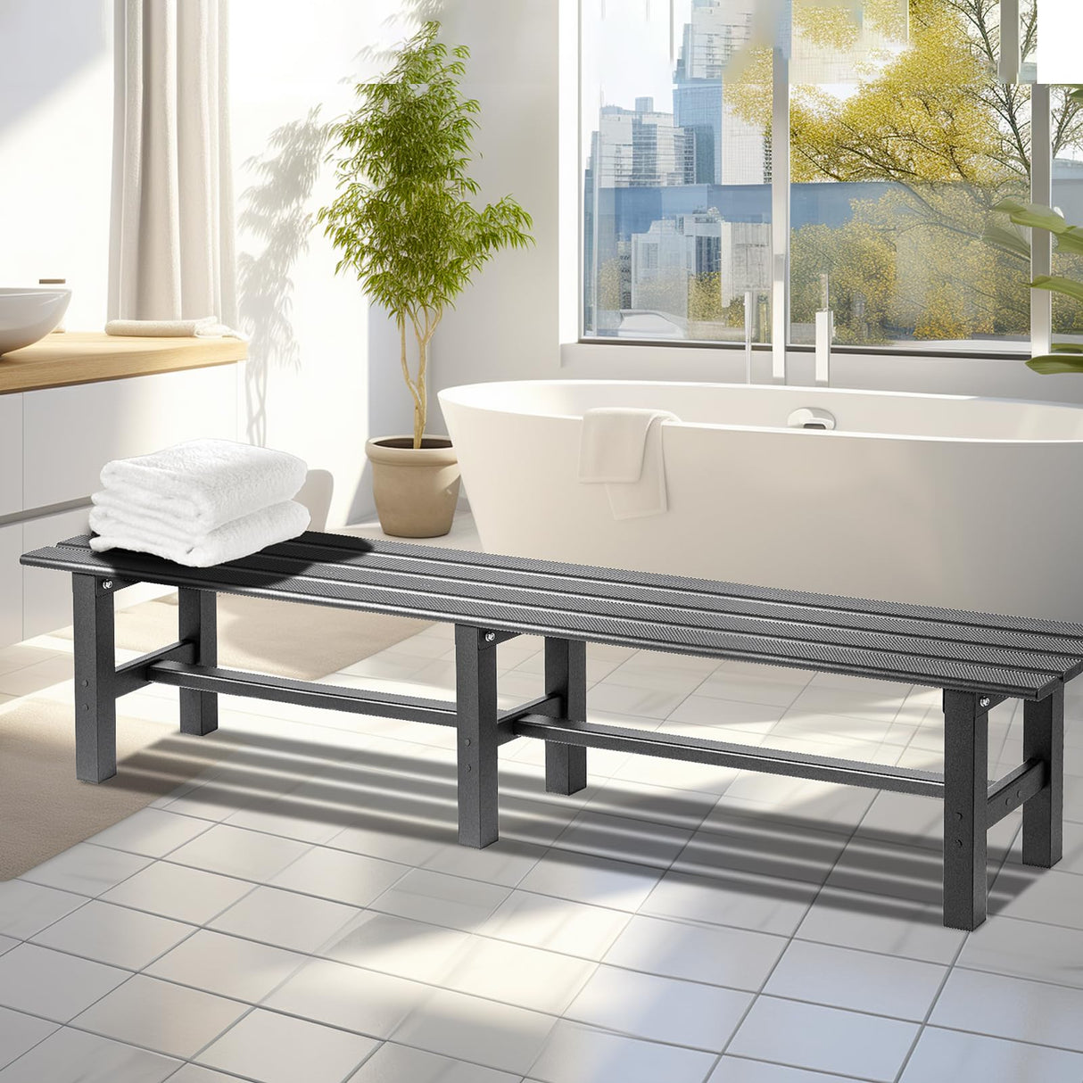 TECSPACE 71 Inches Aluminum Outdoor Weatherproof Bench Backless, 550 LBS Bearing Capacity Garden Porch Bench, Black TECSPACE