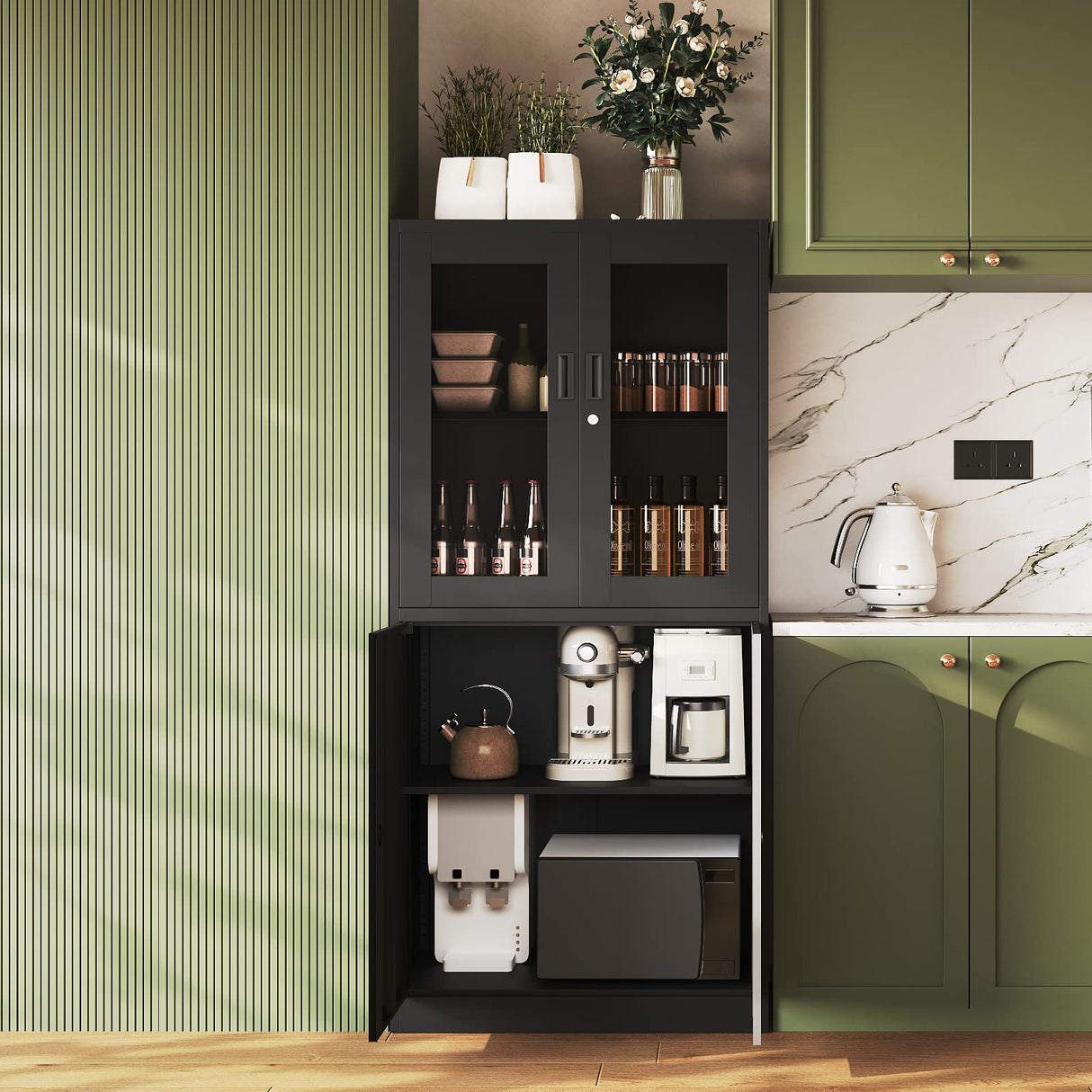 Yizosh Metal Storage Cabinet with Glass Doors - 71" Locking Display Cabinet with 2 Adjustable Shelves, 4-Tier Tall Steel Cabinet Locker for Kitchen, Living Room, Dining Room (Black) Yizosh