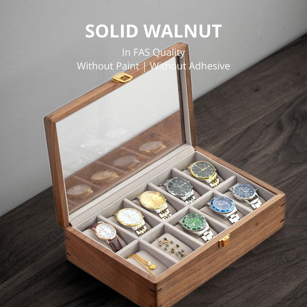 muso wood Watch Display Box, 10 Slot Watch Case for Men, Watch Organizer Box with Glass Lid, Watch Case with Removable Velvet Pillow, Father's Day Gift - 10 Slot, Walnut muso wood