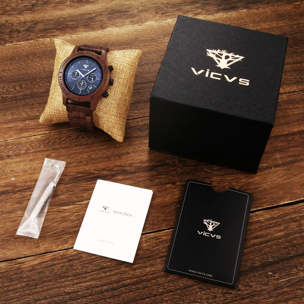 VICVS Men's Wooden Watch, 100% Natural Wood Watch, Japanese Quartz Movement with Date Display Chronograph Function, (Sandalwood) VICVS