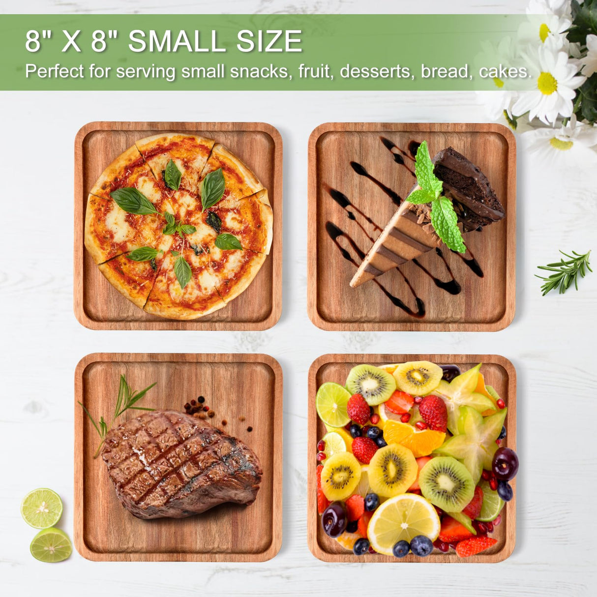 LorisArm 8" Acacia Wood Plate, Square Wooden Trays Serving Platter Dinner Server Tray Dessert Cookie Snack Fruit Serving Board. LorisArm