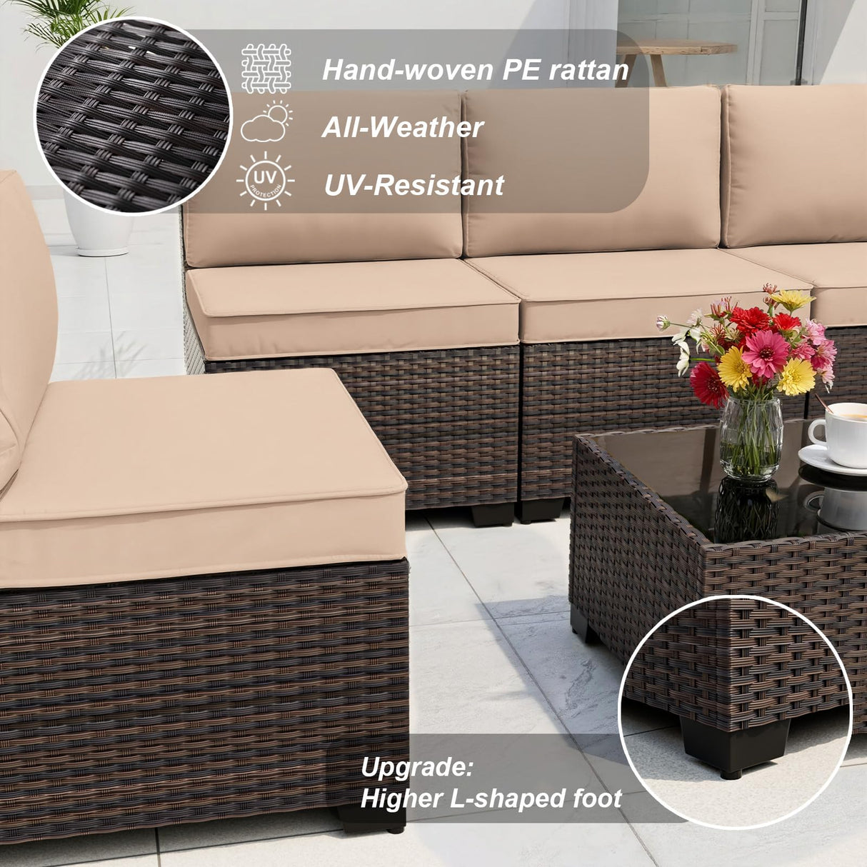 ALAULM 9 Pieces Patio Furniture Set Outdoor Sectional Sofa Sets Brown PE Rattan Patio Conversation Sets w/8 Sand Seat Cushions and 1 Coffee Table ALAULM