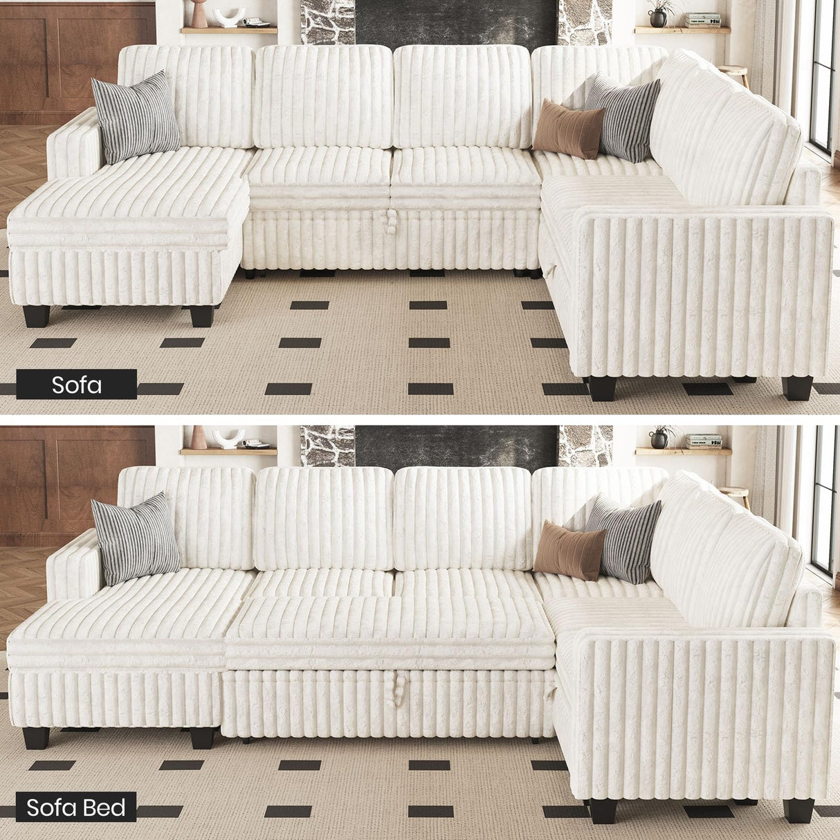 Belffin Corduroy Sleeper Sofa Bed with Storage Chaise Modular Sectional Sofa Couch with Pull Out Bed L Shaped Sectional Couches for Living Room White Couch Belffin