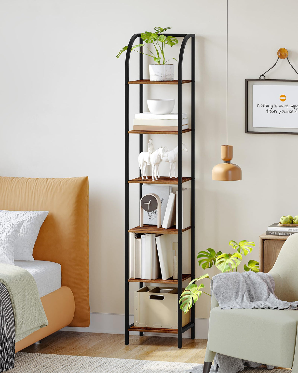 Hzuaneri Bookshelf Narrow Bookcase, Tall Storage Rack with Steel Frame, Display Standing Shelf Unit, Skinny Book Shelf for Study Living Room Home Office, Industrial Style, 6-Tier Rustic Brown BC56001B