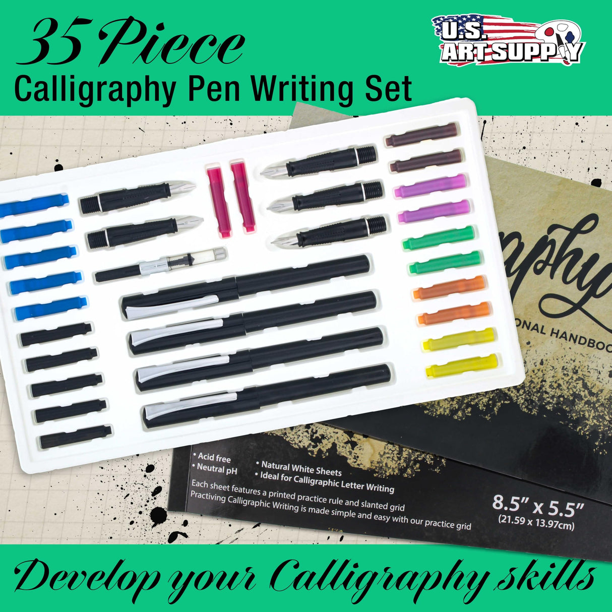 U.S. Art Supply 35-Piece Calligraphy Pen Set - 4 Pens, 5 Nibs, 22 Inks, Includes Calligraphy Pens for Writing, Beginners Handbook & Practice Paper Pad U.S. Art Supply
