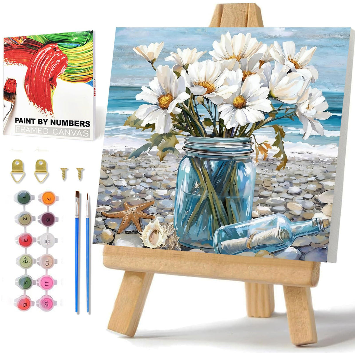 Flowers Paint by Numbers Kit for Adults Beginner, Daisy Paint by Numbers with Frame and Easel, Flower DIY Crafts Painting by Number for Gift Home Wall Decor 9.84x9.84 inch hkejoi