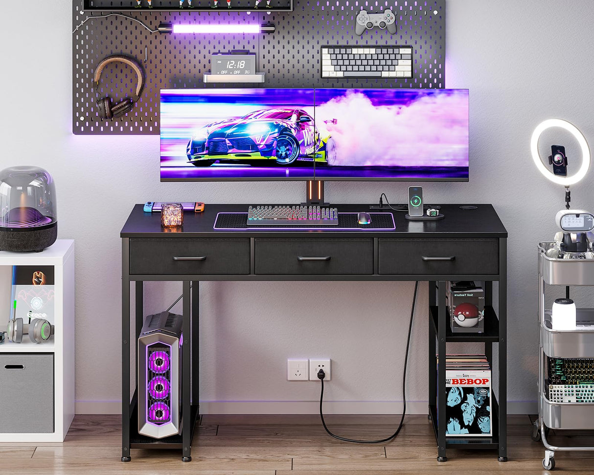 AODK 48 Inch Black Gaming Desk with Fabric Drawers, Power Outlets, and Storage Shelves AODK