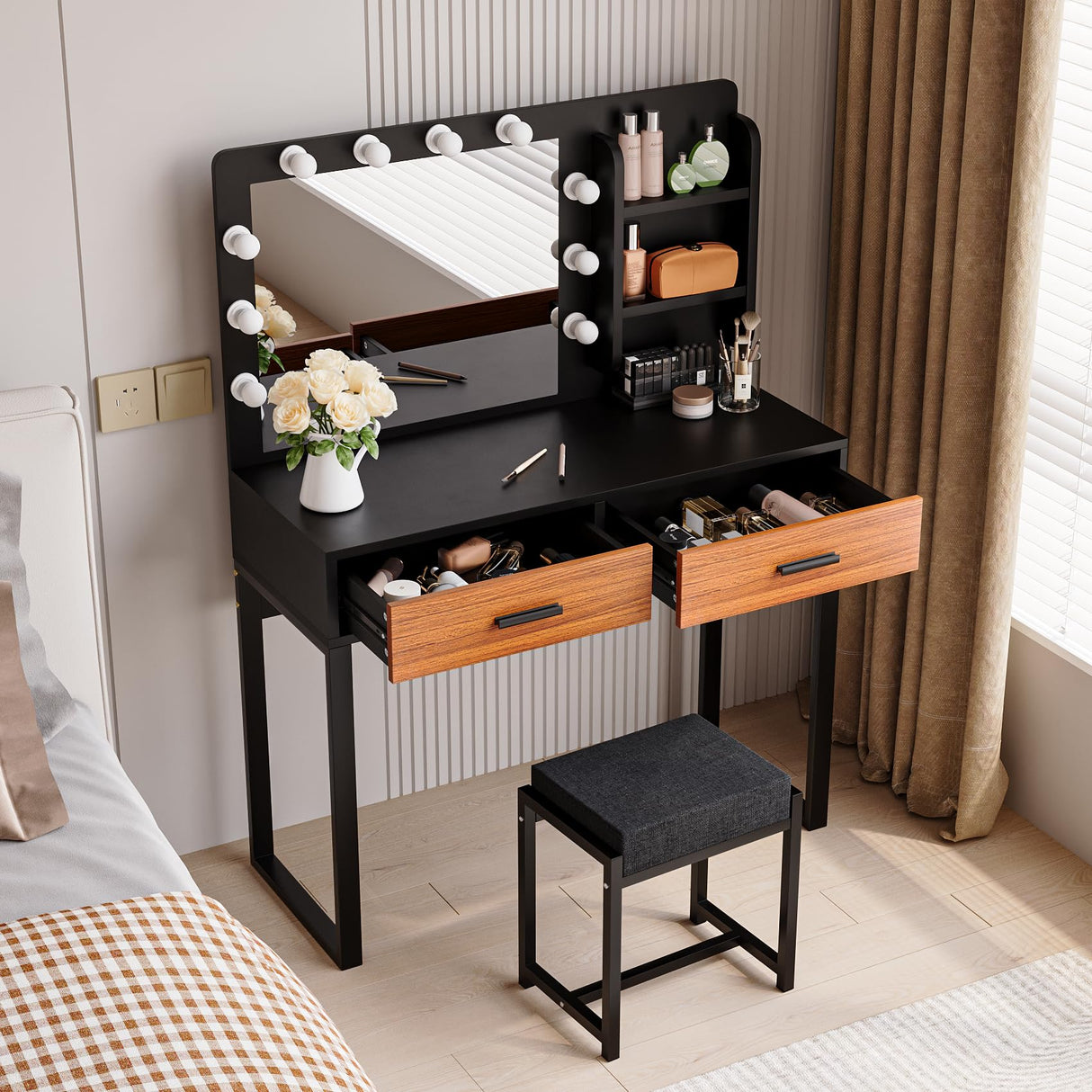 Semiocthome Vanity Desk with Mirror and 10 LED Lights, 39.4"W Makeup Desk with 2 Big Drawers and Side Shelves for Storage, Girl's Dressing Table with Metal Frame, Corner Makeup Table with Chair- Brown Semiocthome