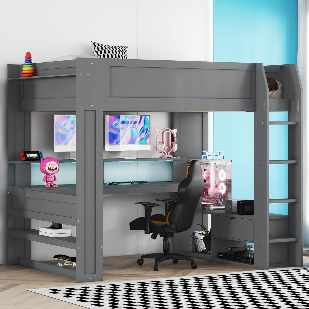 RuiSiSi Twin Size Dark Grey Gaming Loft Bed with Desk, LED Lights & Storage Solutions RuiSiSi