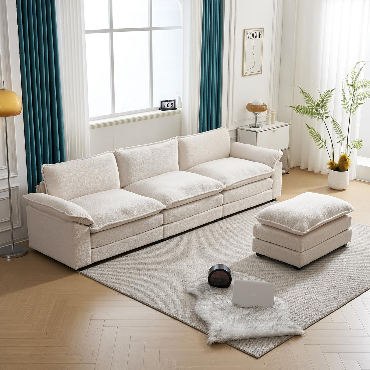 Karl home Sectional Sofa Modular Deep Seat Sofa Couch with Ottoman, Teddy Fleece Sofa Sleeper Comfy Upholstered Furniture for Living Room, Apartment, Studio, Office, (3-Seat & 1-Ottoman, White) Karl home