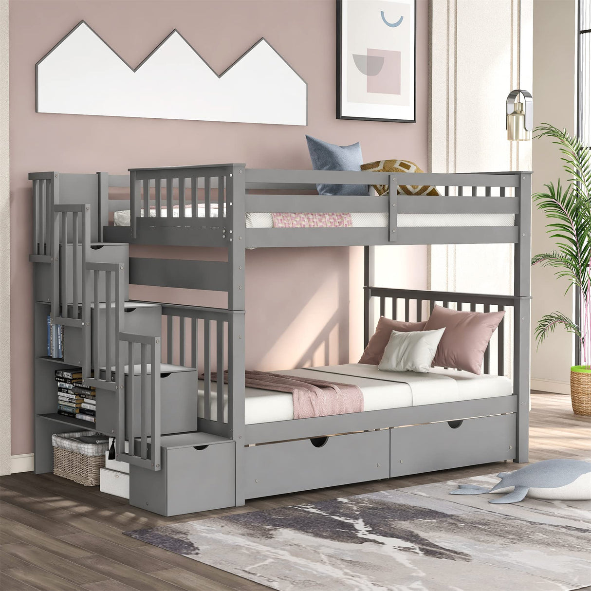 Harper & Bright Designs Full Over Full Bunk Bed with 6 Storage Drawers, Wooden Full Bunk Beds with Stairway and Shelves, Detachable for Kids, Teens, Adults Boys & Girls (New, Gray) Harper & Bright Designs