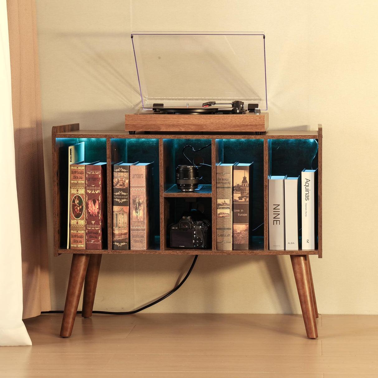 FUSUNBAO Record Player Stand with LED Light - Large Turntable Stand with Vinyl Record Storage, Record Player Table Up to 120 Albums, Record Stand with Outlet Bookself end-Table (Antique Brown) FUSUNBAO