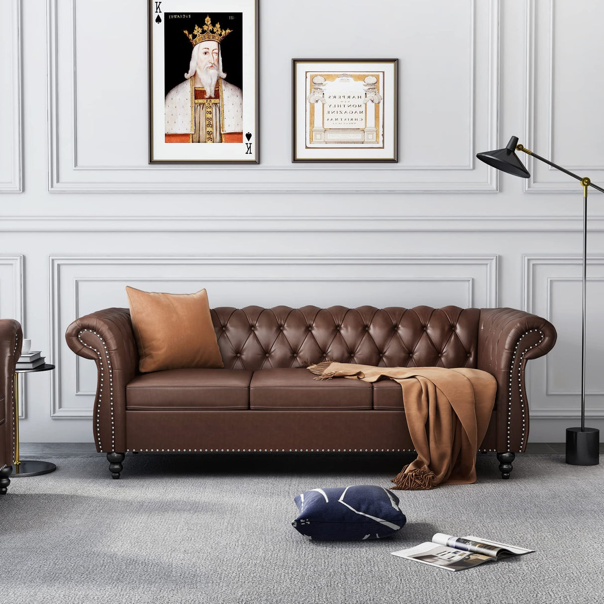 Chesterfield Sofa Leather, Modern PU Tufted Couch 3 Seater with Rolled Arms and Nailhead for Living Room, Bedroom, Office, Apartment (Dark Brown) ORRD