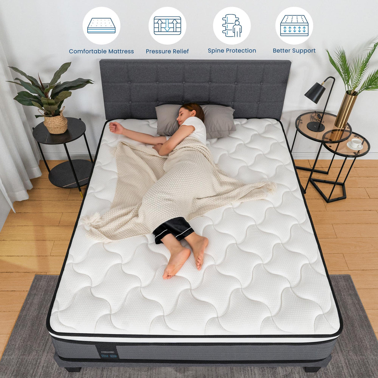 Full Mattress, 14 Inch Pillow Top Hybrid Mattress in a Box Medium Firm Fiberglass-Free, Soft Breathable Pressure Relief Memory Foam Pocket Innerspring Bed, CertiPUR-US Certified PAMYO