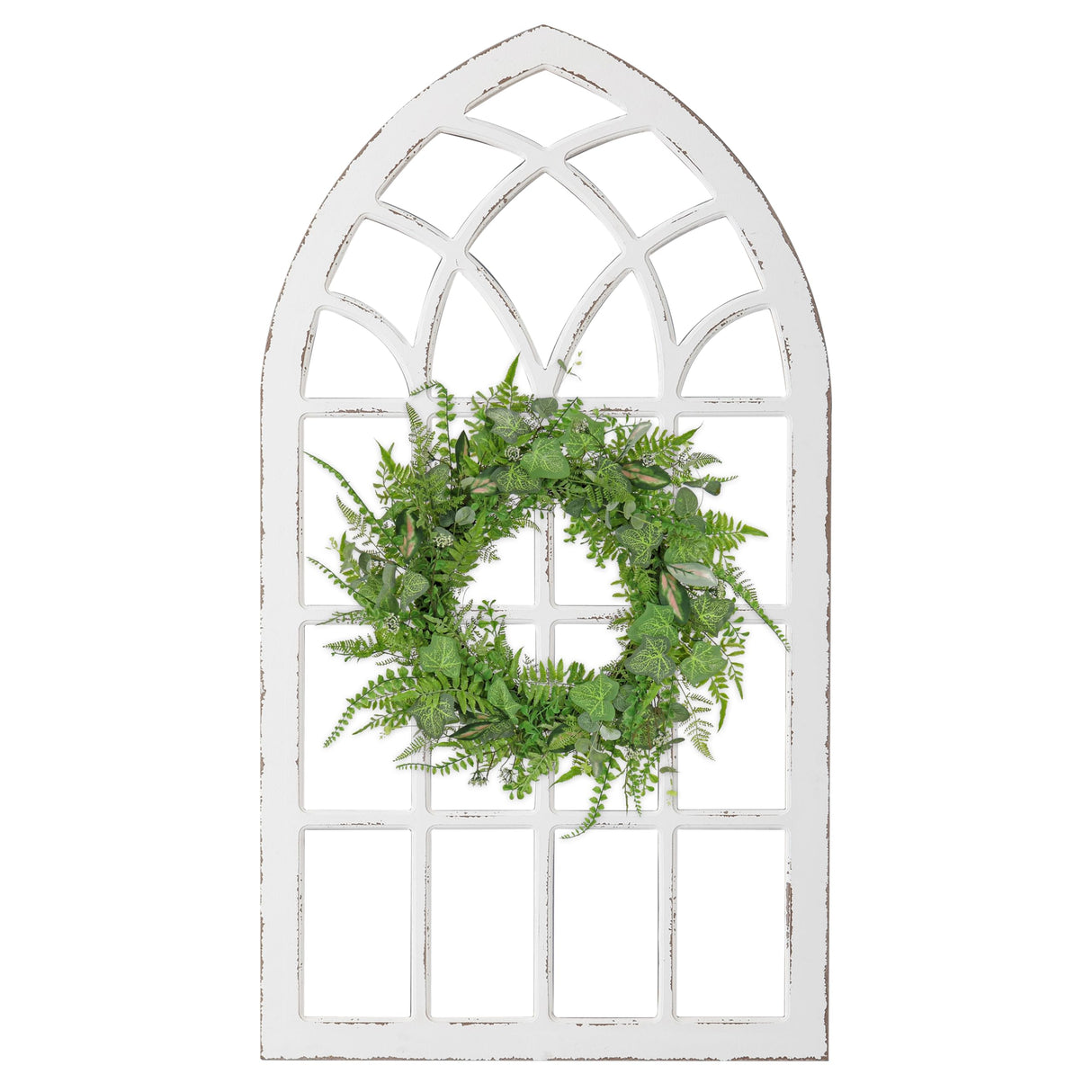 Sintosin Large Farmhouse Arched Window Frame Wall Decor 44 X 24 Inch, Hanging Distressed White Window Pane Wall Decor Living Room, Rustic Wooden Faux Windows for Bedroom Fireplace Entryway Sintosin