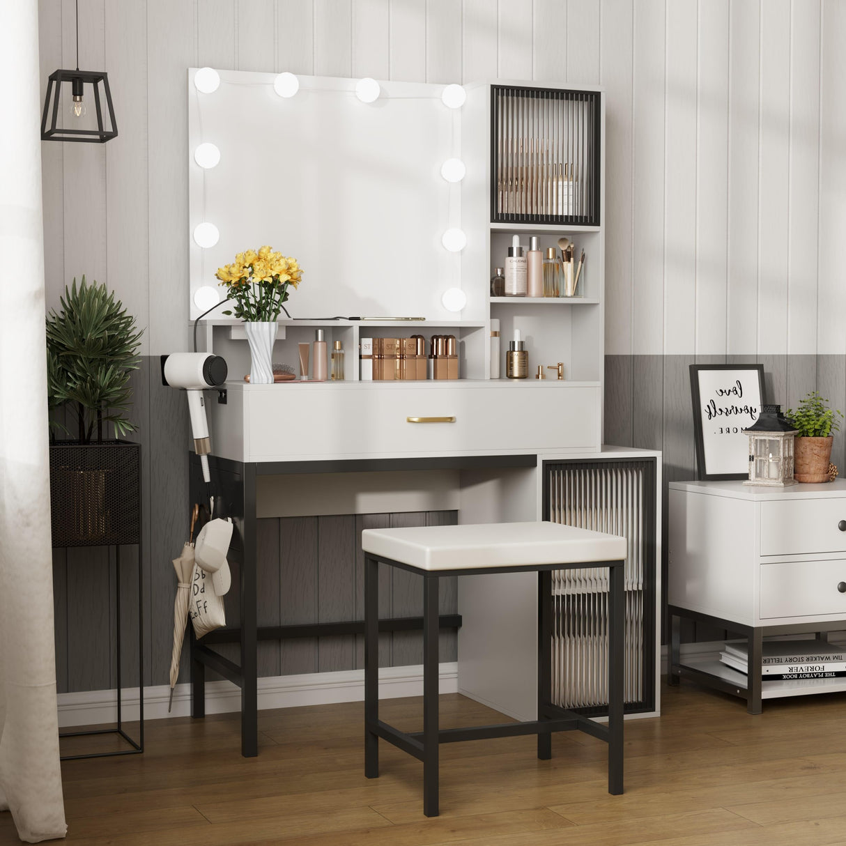 Fameill Vanity with Mirror and Light, Makeup Vanity Desk with 3 Color Lighting, White Vanity with Charging Station and Clothes Hook, Large Vanity Set with Lots Storage, Black Metal Frame Fameill