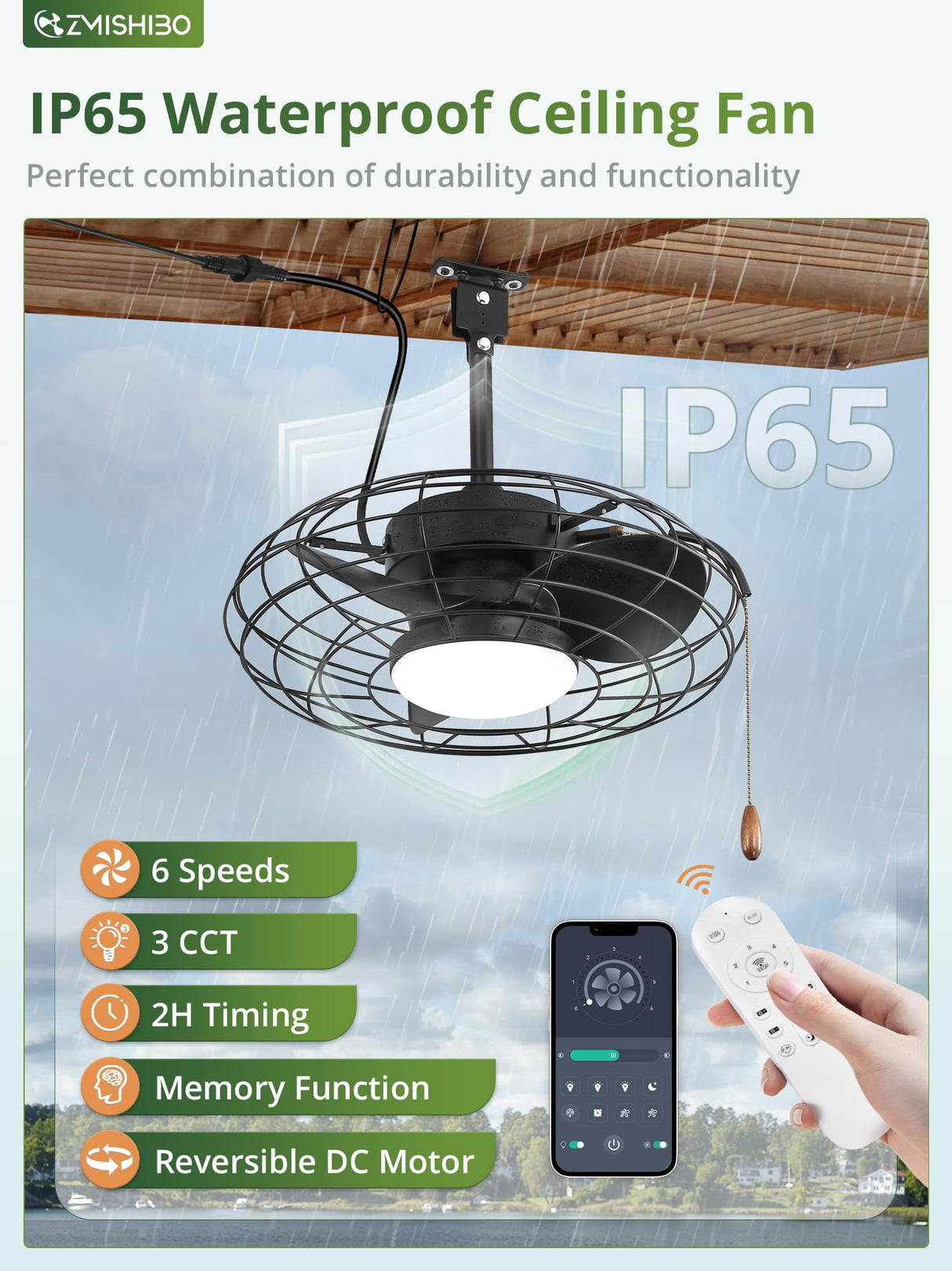 ZMISHIBO Outdoor Ceiling Fans with Light for Patios,Waterproof Gazebo Fan with Remote Control Smart App,3CCT Dimmable,Plug in Caged Ceiling Fan with Pull Chain for Porch Pergola,Black ZMISHIBO