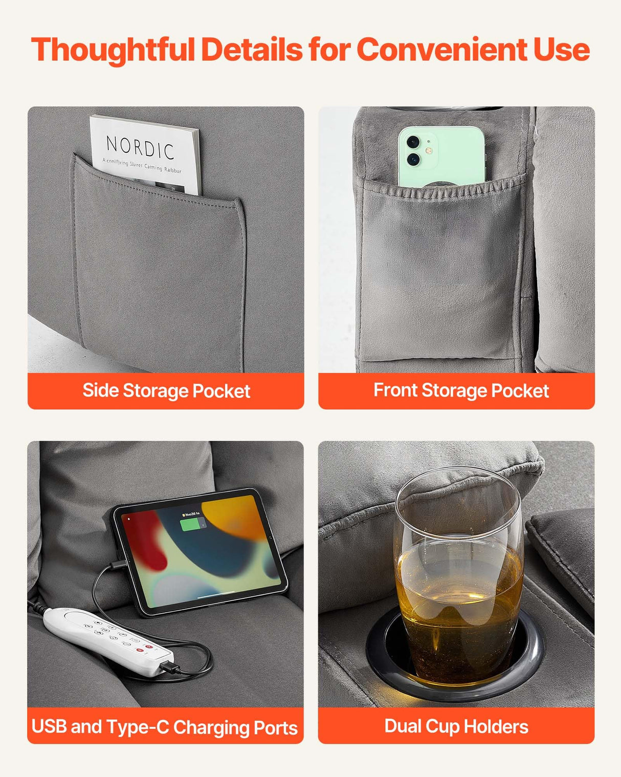 VEVOR Loveseat Recliner Sofa, Power Reclining Couch with Heating and Massage, Soft Velvet Electric Recliner Sofa with USB Ports, Cup Holders and Side Bags, Dual Loveseat Chair for Living Room, Grey VEVOR