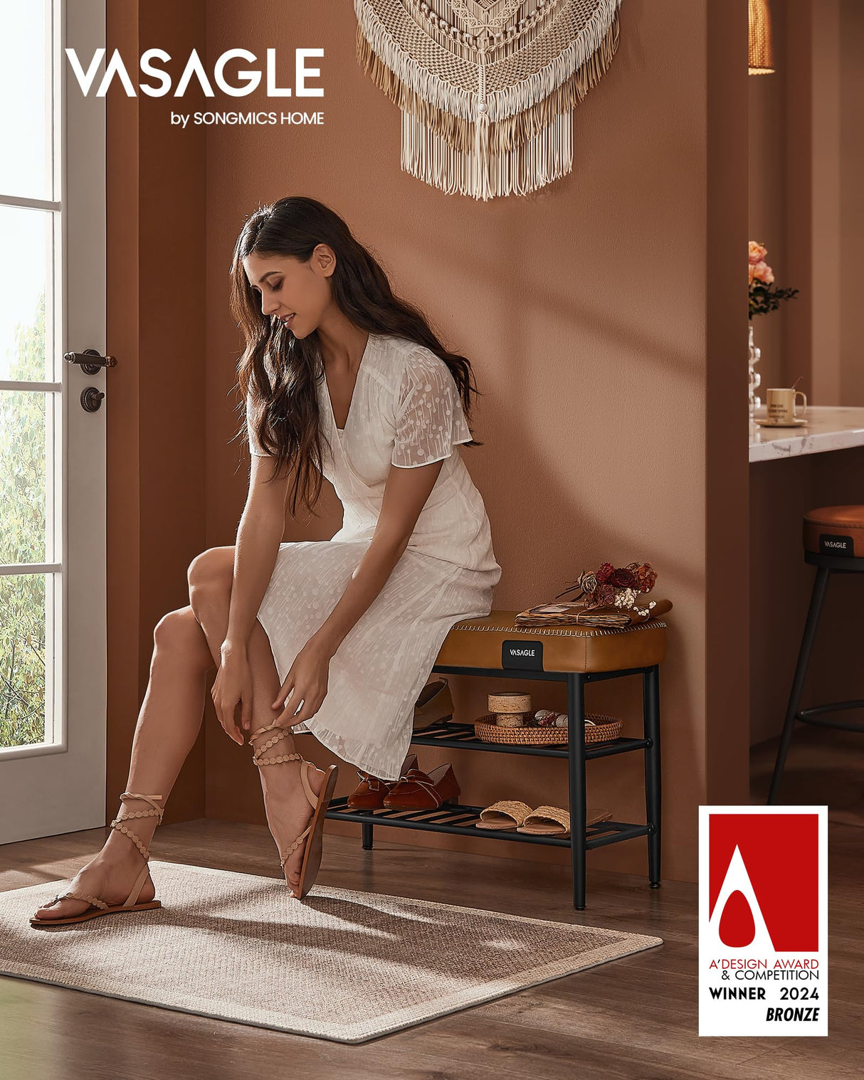 VASAGLE EKHO Collection - Shoe Rack Bench, Storage Bench for Entryway, Synthetic Leather with Stitching, Mid-Century Modern, Loads 300 lb, 11.8 x 31.5 x 19.7 Inches, Caramel Brown ULSB054K01 VASAGLE