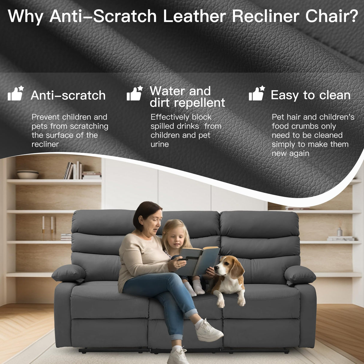 GNMLP2020 Loveseat Recliner Sofa Set, Small Leather Couch 3-Seater Manual Seater Reclining, Triple Recliner Chair for Living Room, RV, Home Theater Seating(Grey, 3 Seater Sofa) GNMLP2020