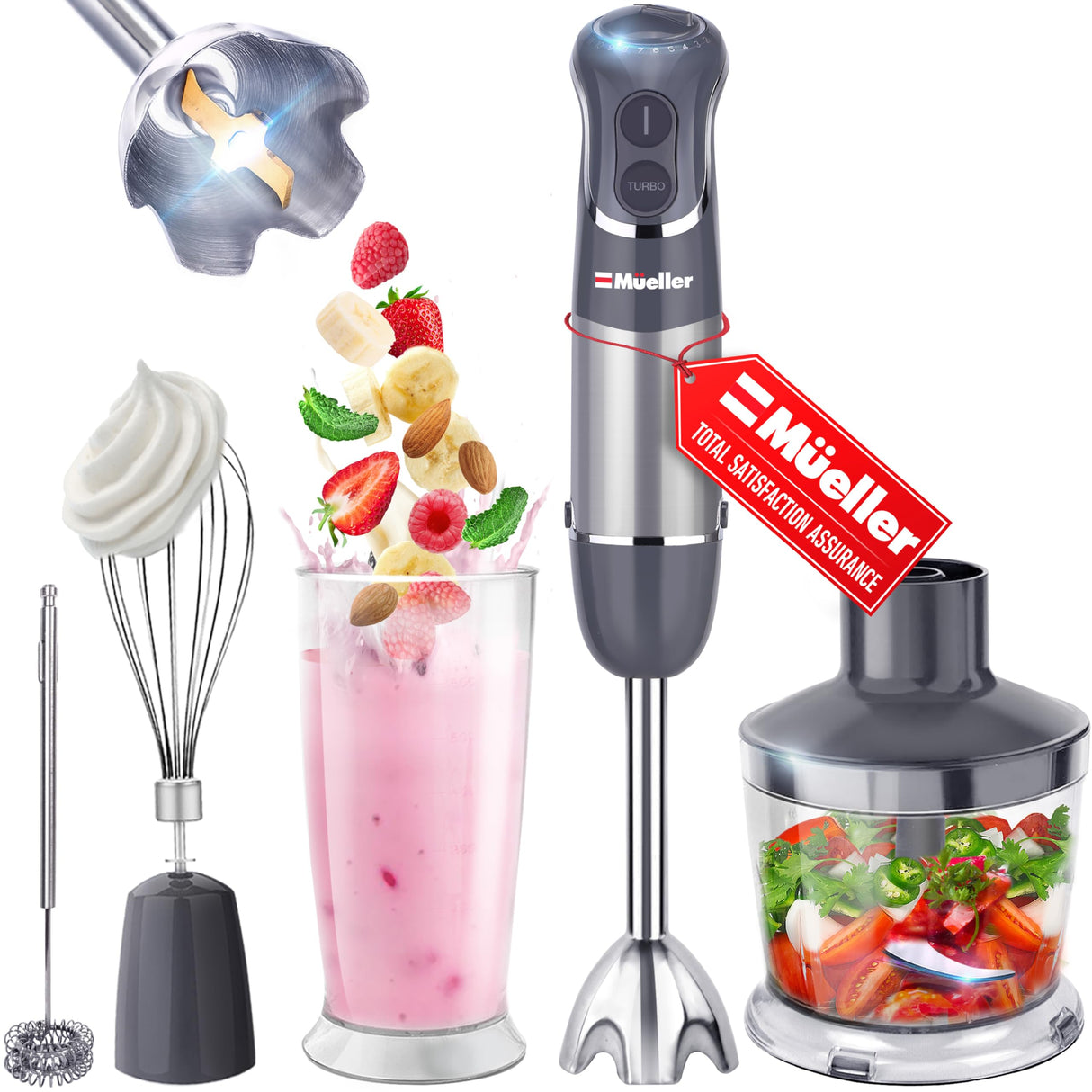 Mueller Multistick 800W 4-in-1 Immersion Blender Handheld, 12 Speed Hand Mixer - Turbo Boost, Heaviest Duty Copper Motor, Titanium Blades Hand Blender, Milk Frother Wand, Whisk, Beaker, Chopper, Grey Mueller