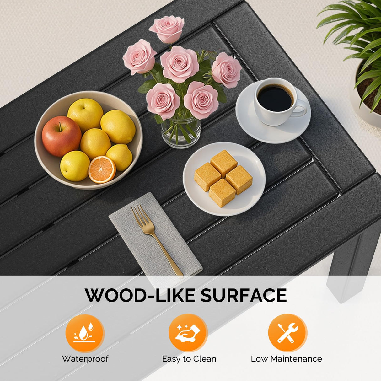 VINGLI Outdoor Coffee Table, HDPE Patio Coffee Table for Outside, All-Weather Rectangle Coffee Table for Deck, Garden, Balcony, Porch, Indoor & Outdoor Use (Black) VINGLI