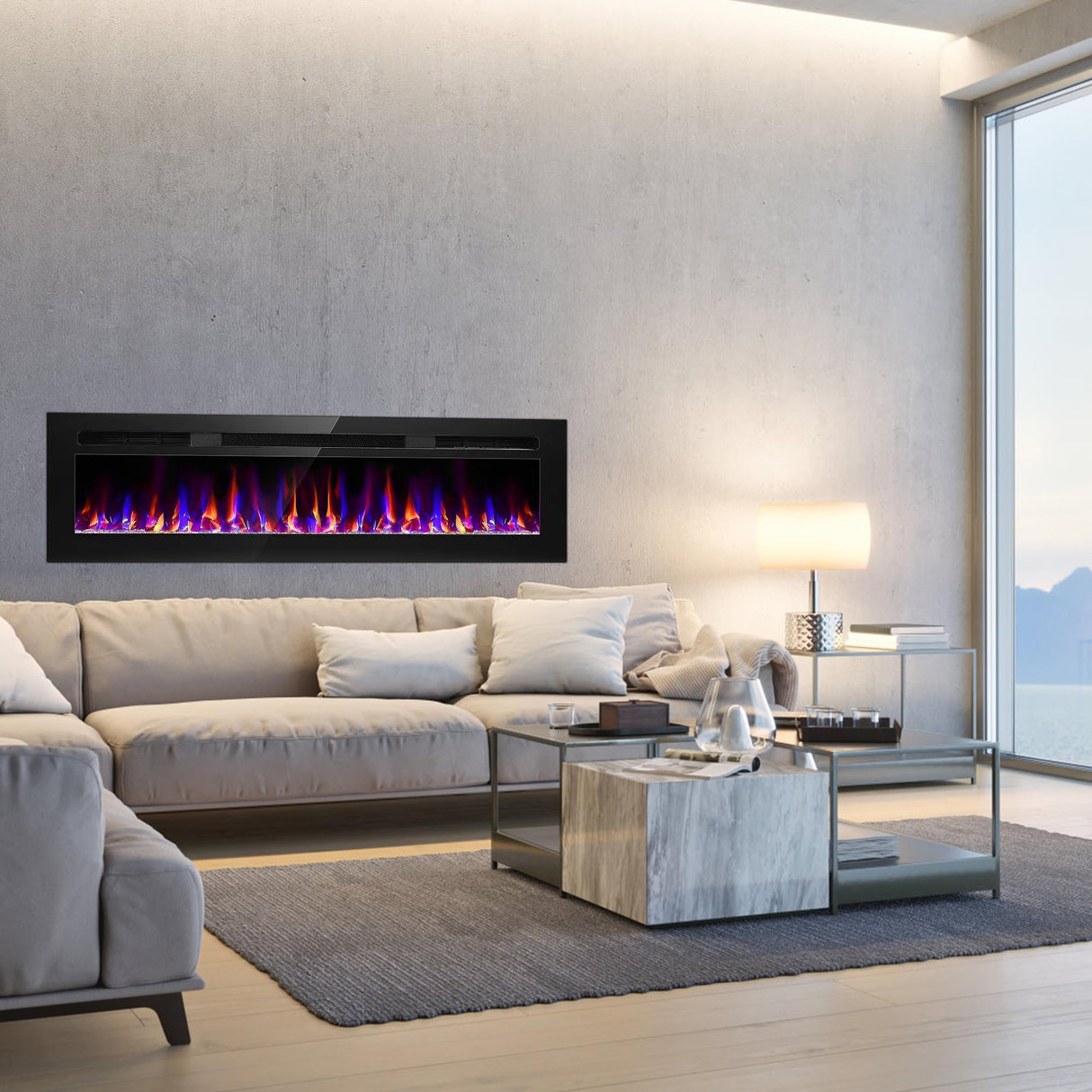 68 Inch Electric Fireplace Recessed and Wall Mounted, Fireplace Heater and Linear Fireplace, Ultra-Thin Electric Fireplace, Low Noise, with Timer, Remote Control, Adjustable 12 Flame Color, 750/1500W Sixfivsevn