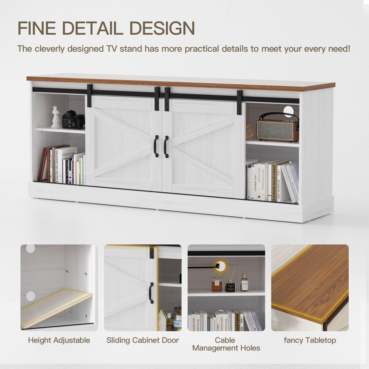 Trumbeak Farmhouse TV Stand for Televisions up to 75 Inchs,Entertainment Center with Sliding Barn Doors and Storage Cabinets,Modern Media TV Console Table for Living Room,Bright White Trumbeak
