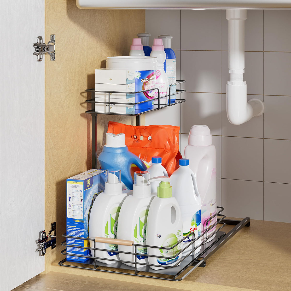 LAMU Under Sink Organizers and Storage, 2 Tier Bathroom Kitchen Cabinet Organizers, Pull Out Under Sink Storage Kitchen Shelf Organizer for Under Counter Storage LAMU