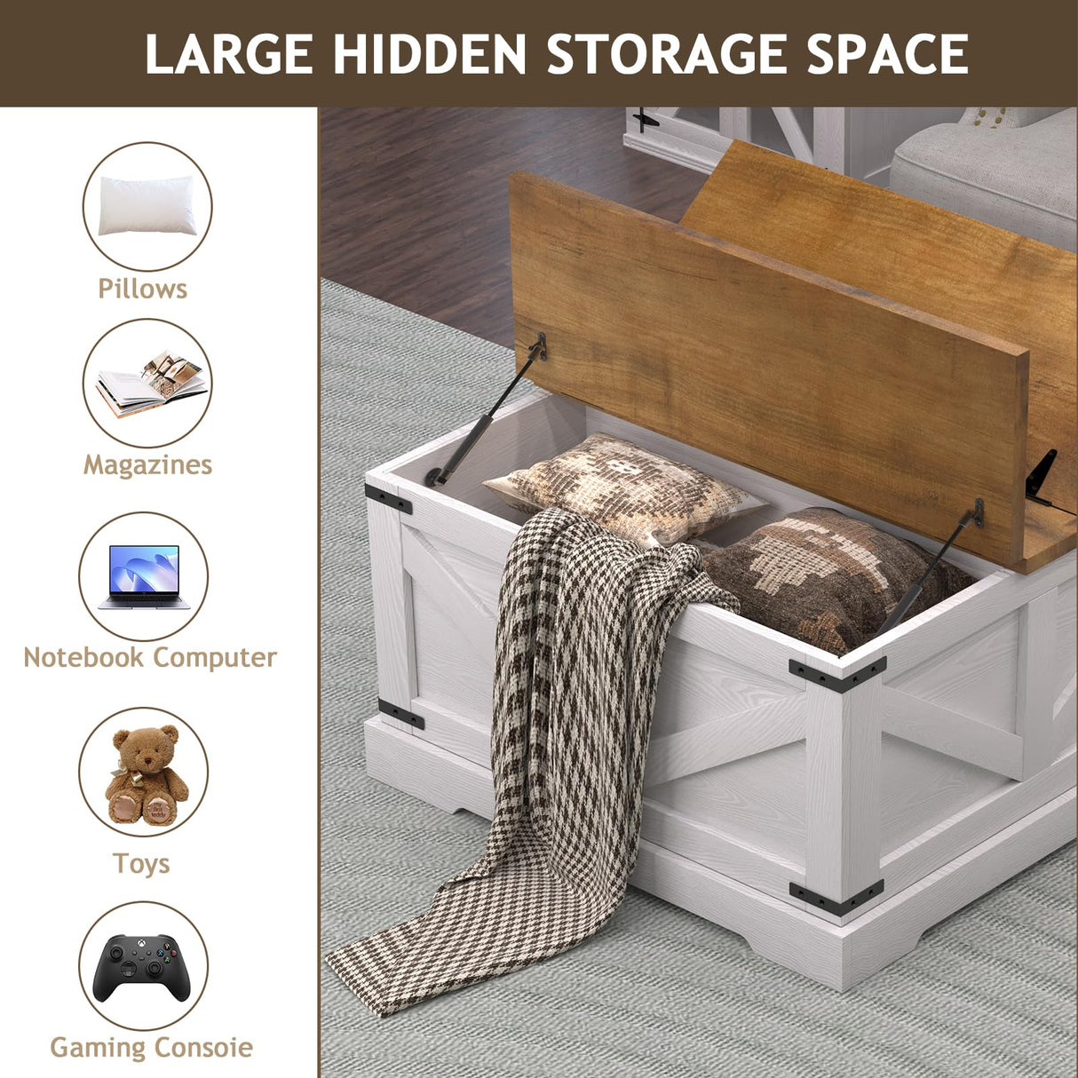 REVOMINCA Farmhouse Coffee Table with Hidden Storage Compartment, White Square Coffee Table for Living Room, Wood Center Table with Hinged Lifting Tabletop for Home REVOMINCA