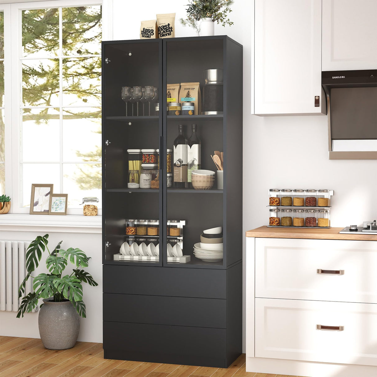 Vrmuxita Display Cabinet with Glass Doors: 79" Black Lighted Display Cabinet with 3 Drawers, Tall Bookcase with 2 Doors, Glass Door Bookcase for Living Room (Black) Vrmuxita