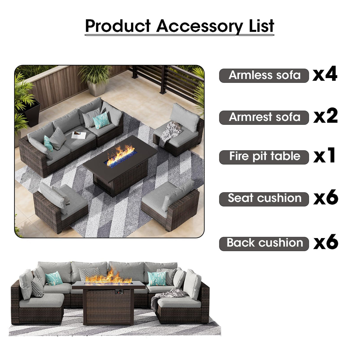 gaildon 7 Piece Patio Furniture Set with 42" Fire Pit Table Outdoor Sectional Conversation Sofa Set with Coffee Table and Comfortable Cushions, Grey gaildon