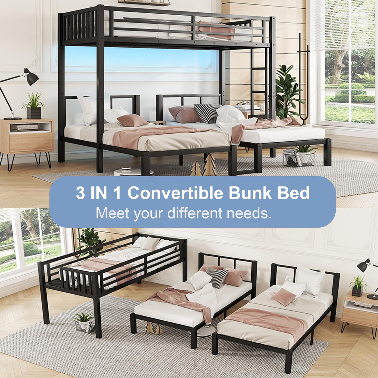 Triple Bunk Bed for Kids with LED Light ,Metal Heavy Duty 3 Bunk Beds with Charge Station & Storage Shelf, Convertible Three Bunk Beds for Girls Boys Teens,Can be Separated into 3 Beds , Black MoproBeti