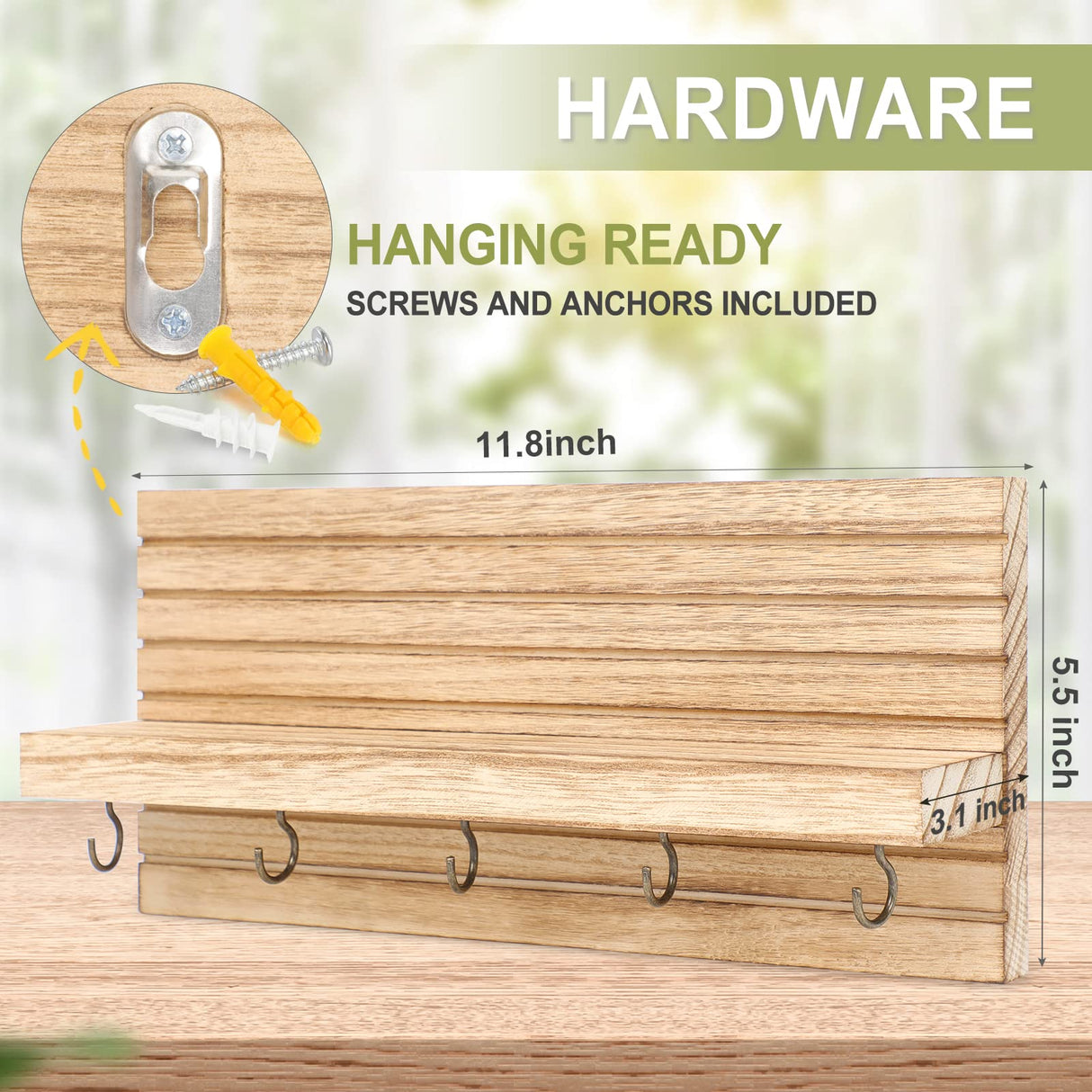 Lwenki Decorative Key Holder for Wall with Shelf, Entryway Shelf with Hooks Holds Leashes, Jackets and Glasses – Sturdy Wood Keyholder Entrance Hanger with Mounting Hardware (Wood) Lwenki