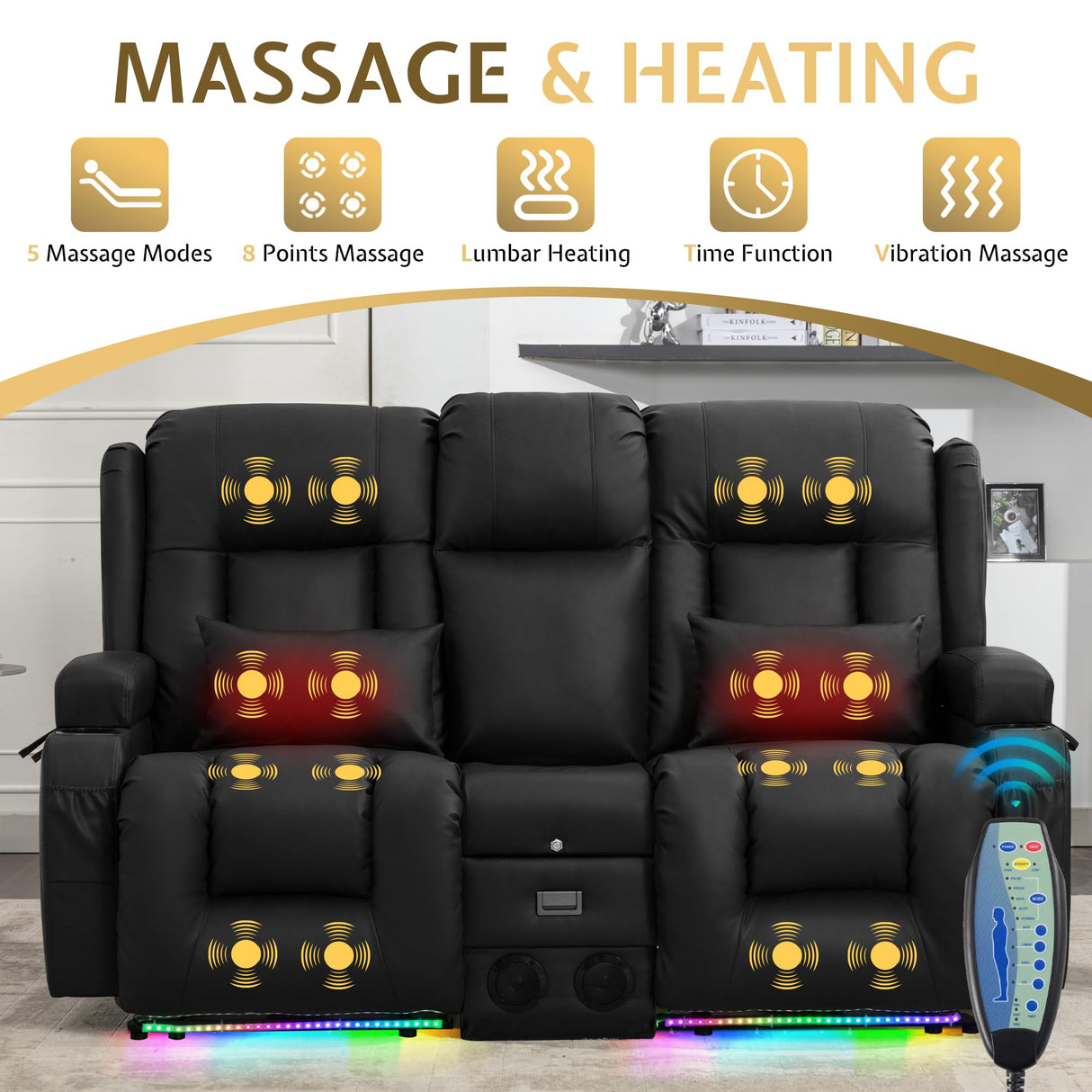 Houjud Power Loveseat Recliner Sofa with Console, RV Flip Middle Backrest Design 3 Seat Reclining Sofa Couch with Vibrating Massage and Heat, LED Light, USB, Bluetooth Speakers, Outlets, Black Houjud