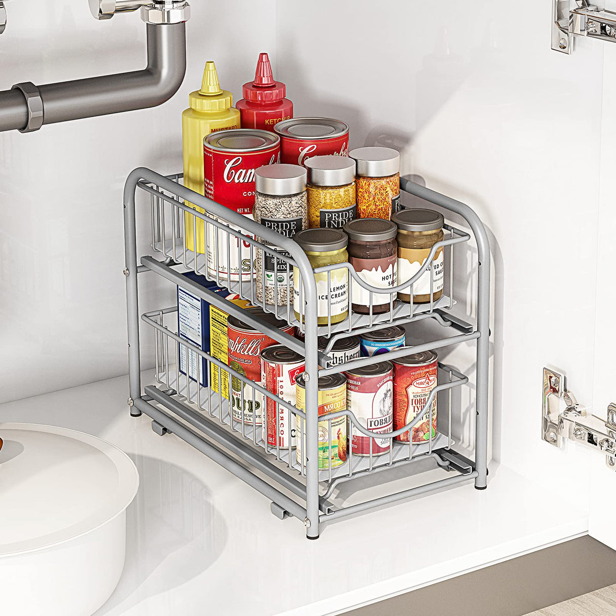 AIYAKA under sink storage 2 Tier Stackable Sliding Basket Organizer Drawer For Kitchen And Bathroom/Cabinet Drawers,silver AIYAKA